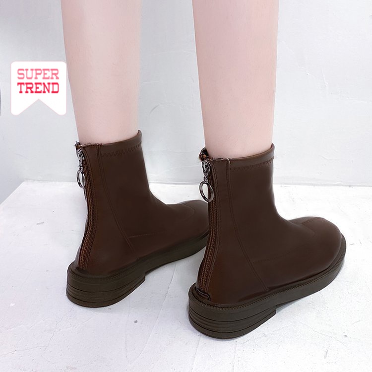 Giày bốt martin ống thấp mũi tròn phối khóa kéo thời trang cho nữ