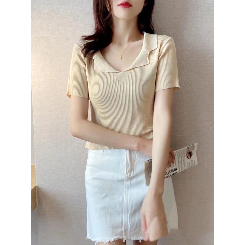 SUXI Áo polo Dệt Kim Tay Ngắn Cổ V Dáng Ôm Thiết Kế Đơn Giản Cho Nữ