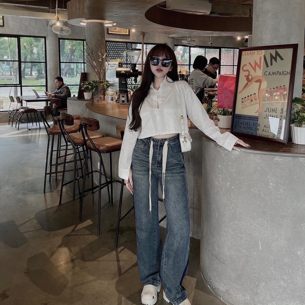 Quần jean suông phối dây kiểu rách sườn dài 105cm Q247