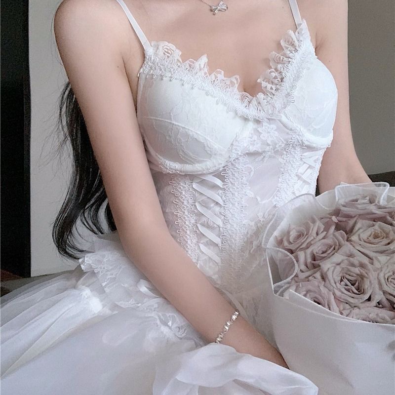 Set Áo Hai Dây + Chân Váy Lưới Màu Trắng Thiết Kế Mới Thời Trang Mùa Hè 2023 Theo Phong Cách Hàn Quốc