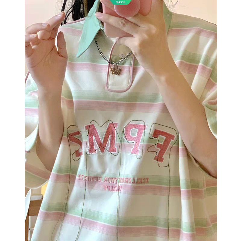 Áo polo Tay Ngắn Dáng Rộng Họa Tiết Kẻ Sọc Thời Trang Mùa Hè 2023 Cho Nữ