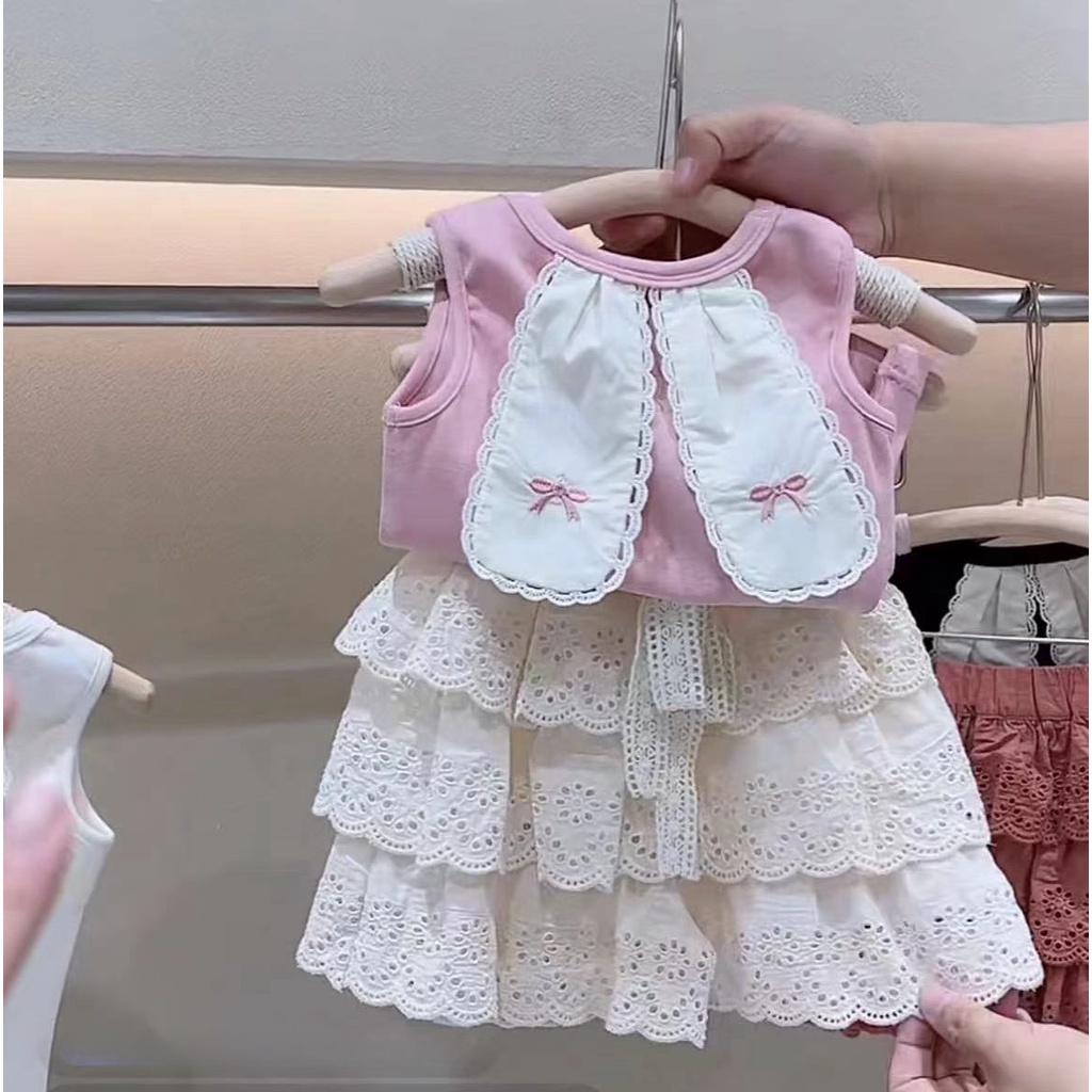 Bộ Áo Tank Top Trơn + Chân Váy Ren Xếp Tầng Thời Trang Mùa Hè Xinh Xắn Cho Bé Gái
