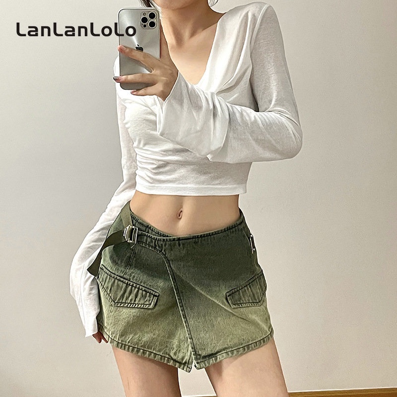 Áo hoodie mỏng LanLanLoLo tay dài màu trơn dáng rộng thời trang 2023 cho nữ