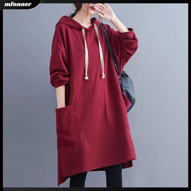 Đầm Hoodie Mỏng Dáng Rộng Tay Dài Màu Sắc Đơn Giản Cho Nữ Có Size Lớn
