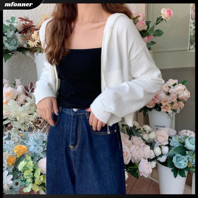 Áo Khoác Cardigan Lửng Có Nón Trùm Đầu Phối Dây Rút Dài Tay Trọng Lượng Nhẹ Toàn Diện Cho Nữ