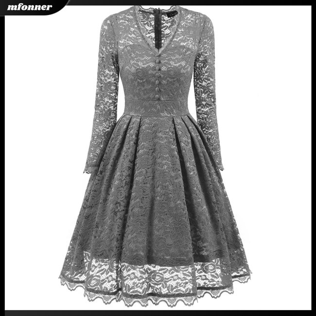 Đầm Tay Dài Cổ Chữ V Phối Ren Hoa Phong Cách Vintage