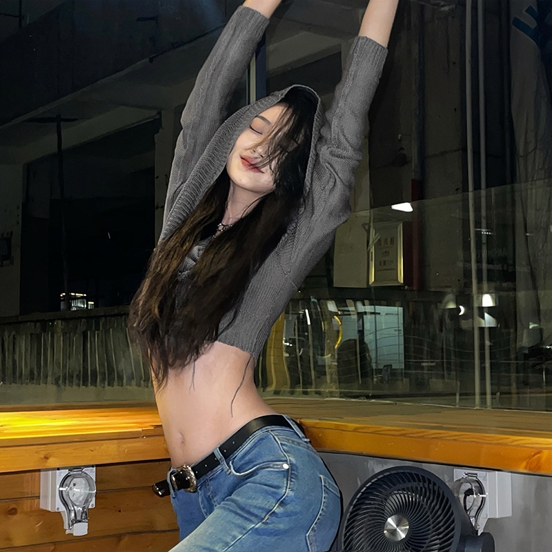 Áo Croptop Dệt Kim Tay Dài Có Mũ Trùm Thời Trang Cho Nữ