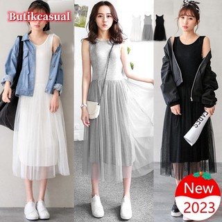 Đầm midi Cotton Cổ Tròn Dáng Rộng Phối Lưới Thời Trang Mùa Hè Cho Nữ