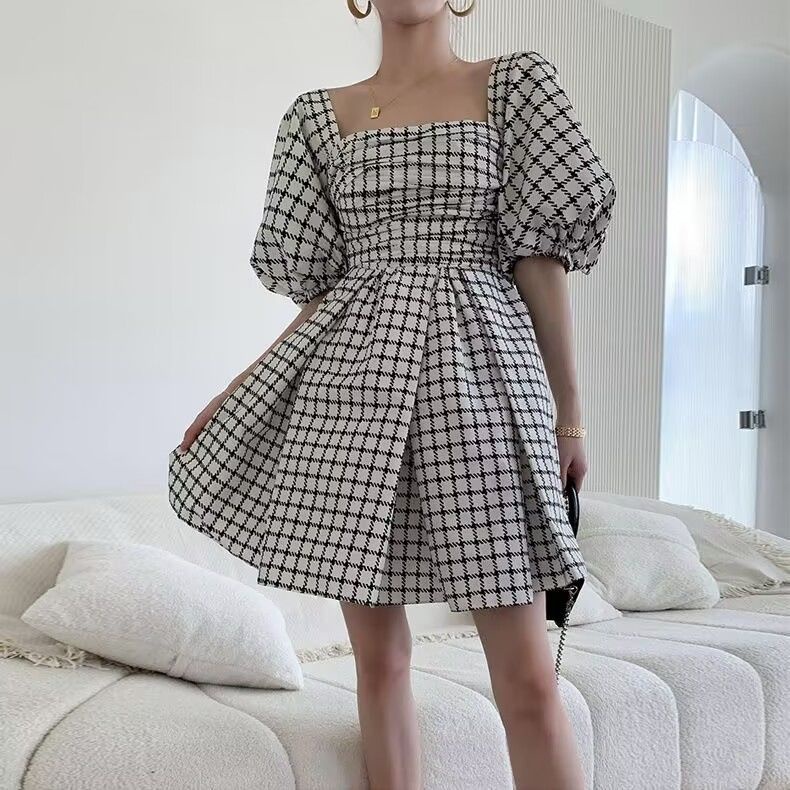 Đầm Ngắn Trễ Vai Tay Phồng Ôm Eo Phong Cách Pháp Cổ Điển Thời Trang Mùa Hè Cho Nữ