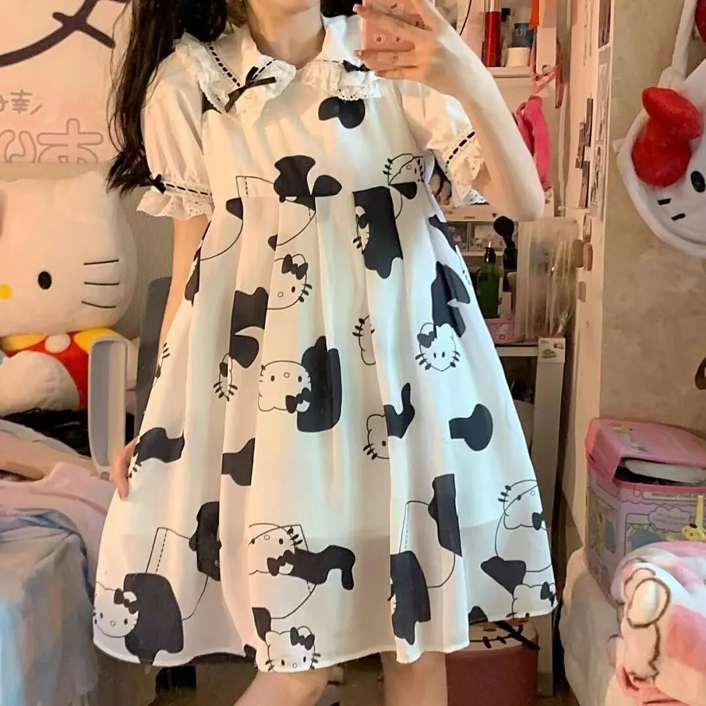 Đầm Cổ Búp Bê Họa Tiết Mèo Hoạt Hình Phong Cách Nhật Bản Cho Bé Gái