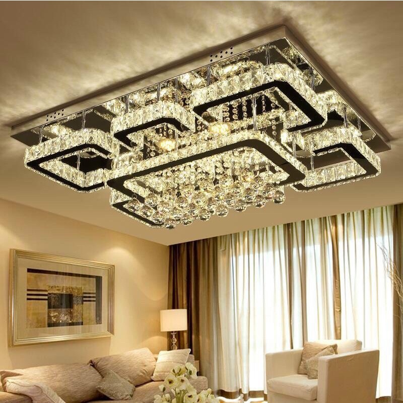 Đèn trần, Đèn mâm ốp trần pha lê hình chữ nhật KT: 80*60cm trang trí phòng khách phòng ngủ đèn 3 màu ánh sáng