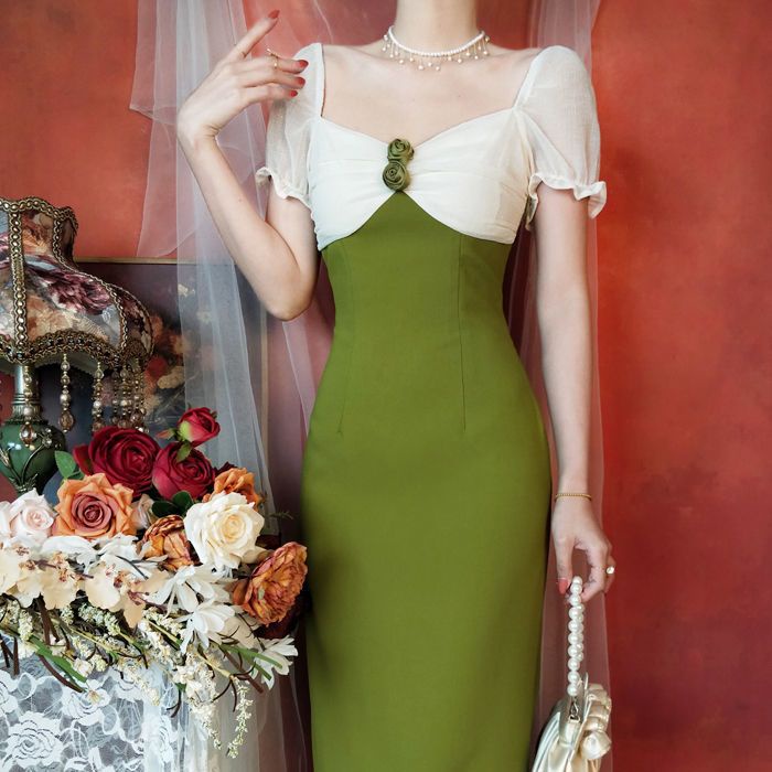 [F &amp; X] Đầm Dài Ôm Dáng Tay Ngắn Màu Xanh Lá Cây Phong Cách Hepburn Pháp Cổ Điển Thanh Lịch Thời Trang Mùa Hè