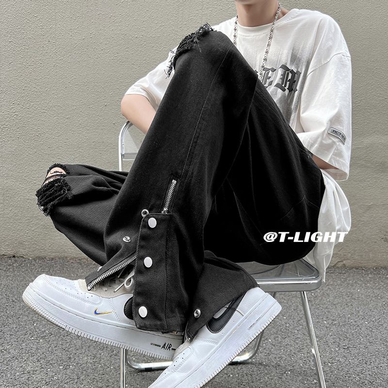 Quần Jean Ống Loe Phối Khóa Kéo Thời Trang Đường Phố Mỹ Cá Tính Cho Nam