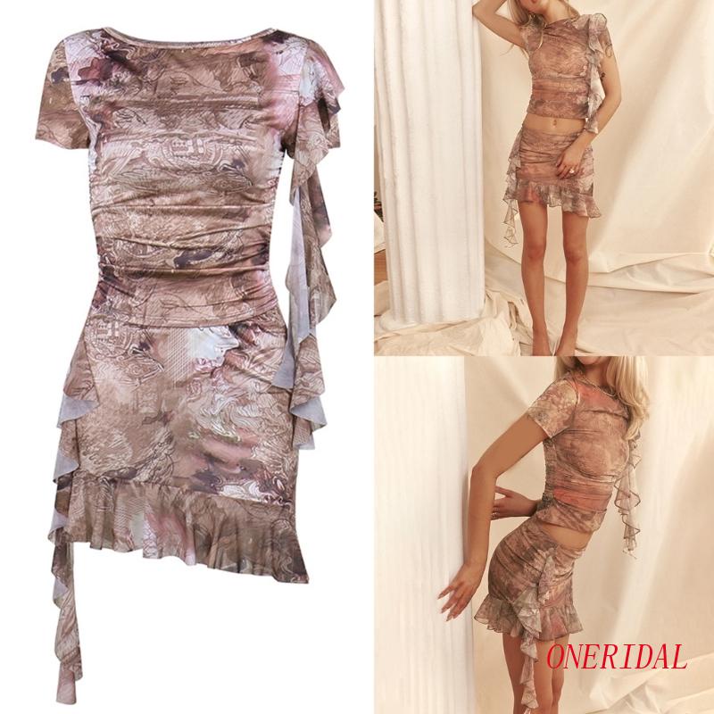 Bộ Áo Croptop Ngắn Tay Phối Bèo + Chân Váy Mini 2 Mảnh In Họa Tiết Trừu Tượng Thời Trang Mùa Hè Cho Nữ