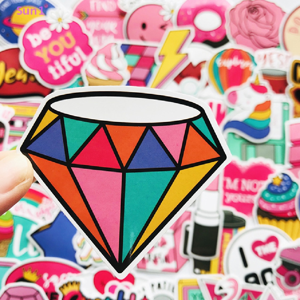 Set 60 Miếng Dán PVC Chống Nước Màu Hồng Vui Nhộn Cho Bé Gái Sun1 >