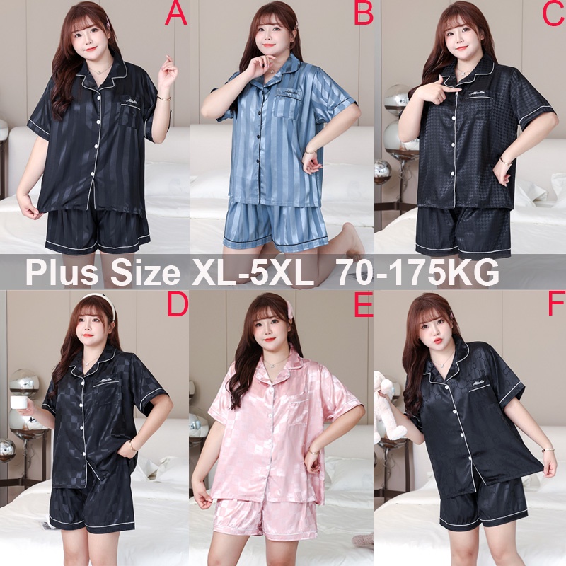 Bộ Đồ Ngủ Chất Lụa Satin Dáng Rộng Tay Ngắn Họa Tiết Kẻ Sọc Thời Trang Hàn Quốc Cho Nữ Size XL-5XL