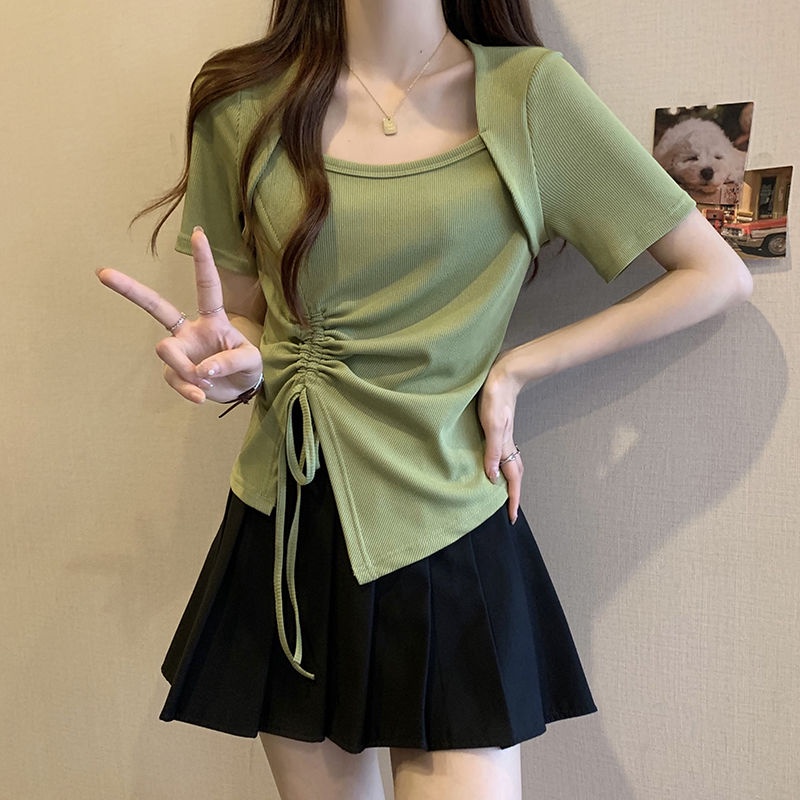 Áo Thun Tay Ngắn Cổ Vuông Thiết Kế Không Đồng Đều Mùa Hè Kiểu Mới Có Dây Rút Kích Thước Lớn Cho Chị Em Gái