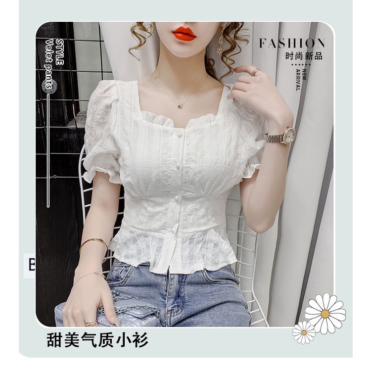Áo Sơ Mi Chiffon Tay Ngắn Phồng Cổ Vuông Thời Trang Mùa Hè 2023 Phong Cách Pháp Mới Cho Nữ