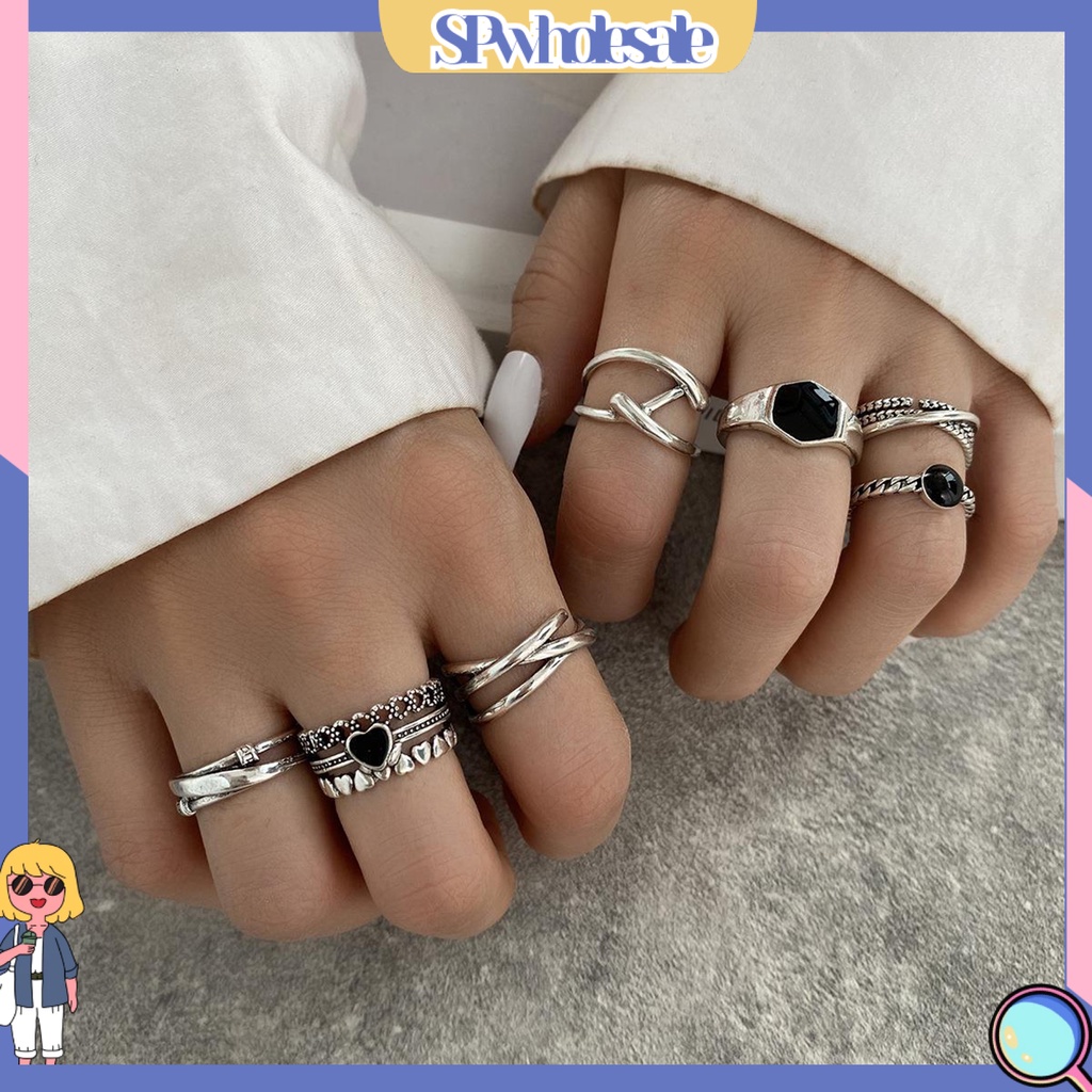 <SPwholesale> Bộ 7 Nhẫn Mạ Điện Đính Đá Hình Trái Tim Thời Trang Cho Nữ