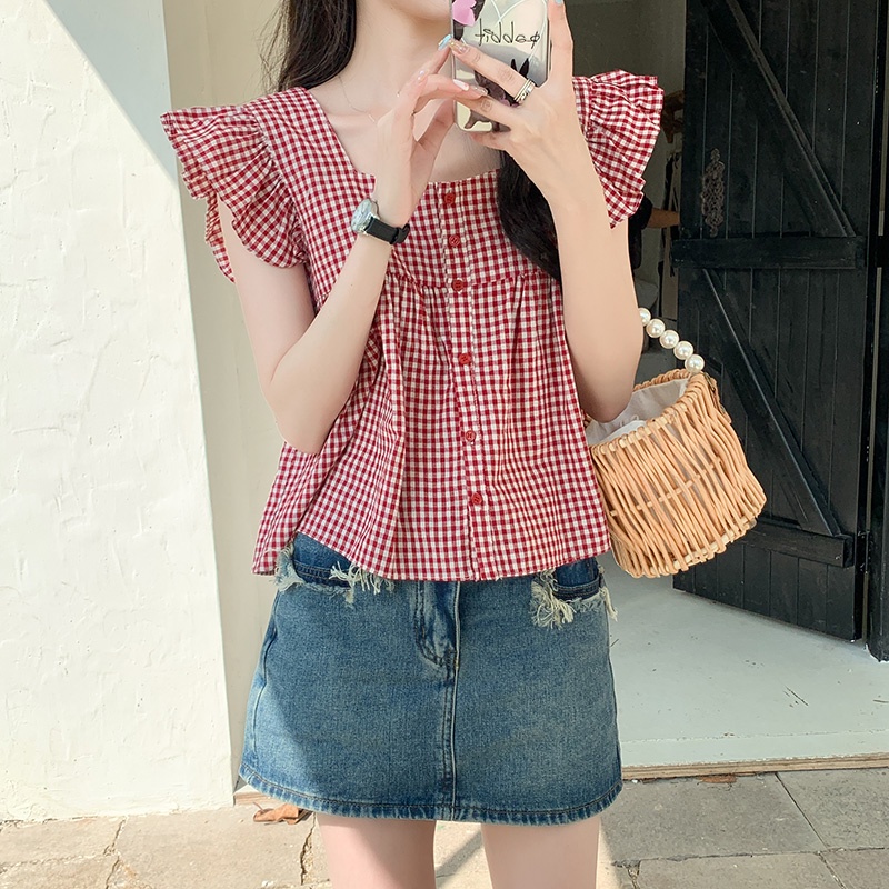 Áo Kiểu Cổ Vuông Tay Bèo Họa Tiết Sọc Caro Phong Cách Pháp Thời Trang Cho Nữ