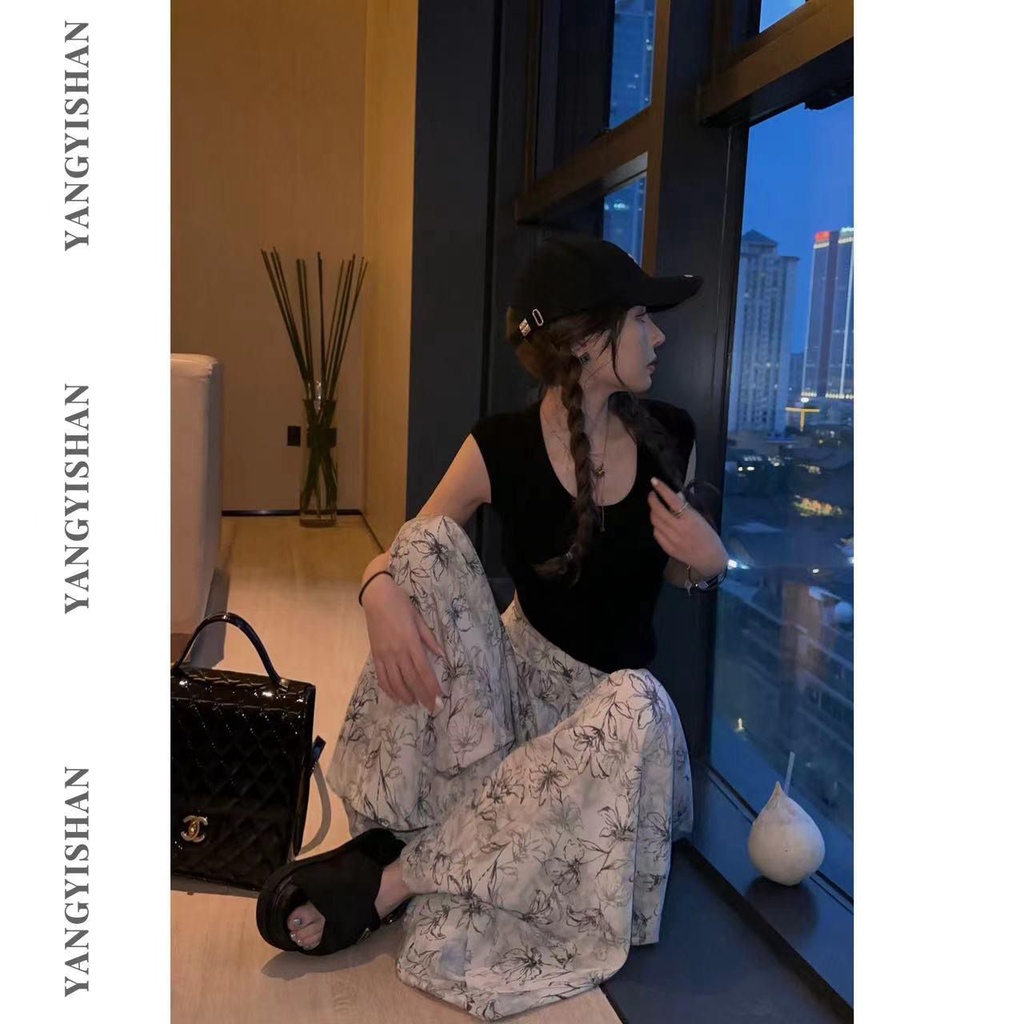 Bộ Áo Thun Dáng Ôm + Quần ống rộng In Họa Tiết Thời Trang Mùa Hè Hàn Quốc 2023