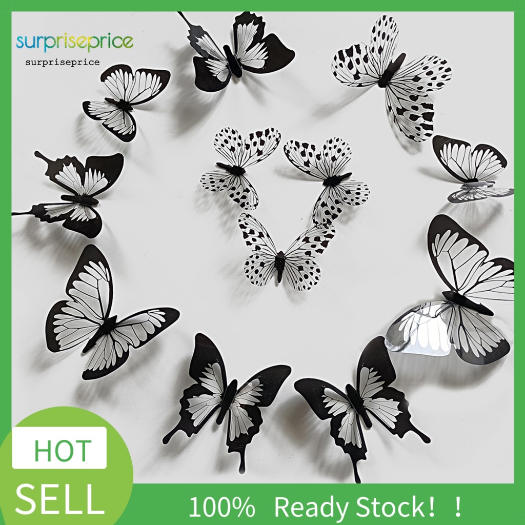 Set 24 Sticker Dán Tường Tự Dính Hình Bướm 3D Màu Trắng Đen Trang Trí Phòng Khách