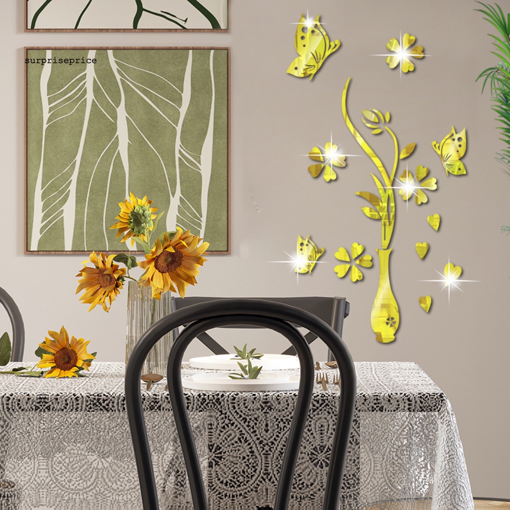 Sticker Dán Tường Bằng Acrylic Mặt Gương Hình Lọ Hoa Và Bướm Trang Trí Nhà Cửa
