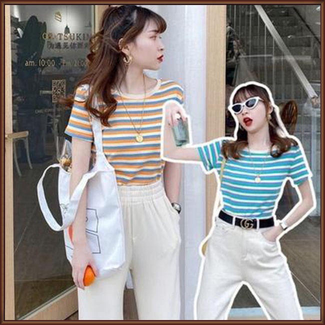 Áo Thun Tay Ngắn Cổ Tròn Dáng Ôm Thoáng Khí In Họa Tiết Kẻ Sọc Cổ Điển Thời Trang Cho Nữ