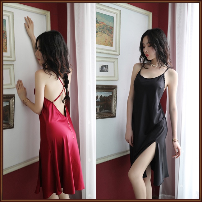 Đầm Ngủ Hai Dây Dáng Dài Bằng Vải Satin Viền Chéo Lưng Gợi Cảm Cho Nữ