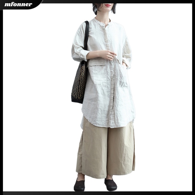 Áo Sơ Mi Nữ Tay Dài Dáng Rộng Bằng Cotton Linen Màu Trơn Thời Trang