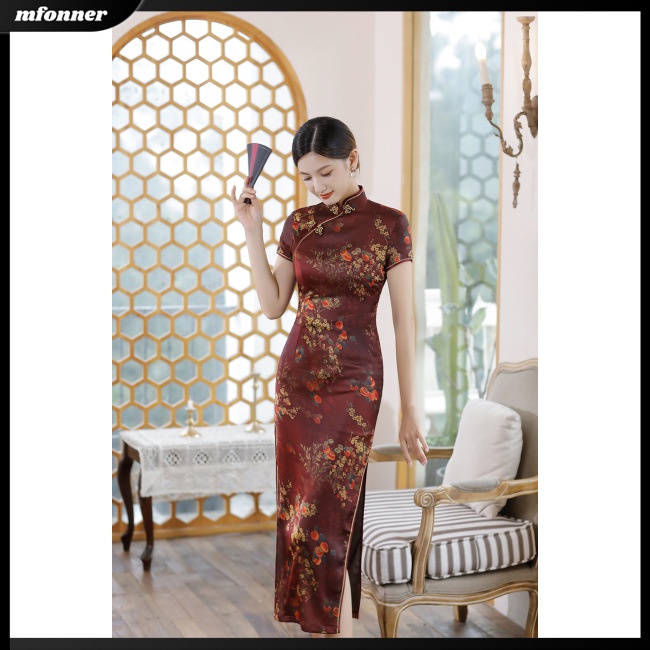 Đầm Sườn Xám Cách Tân Cổ Đứng Tay Ngắn Chất Liệu Satin Thời Trang Mùa Hè Cho Nữ