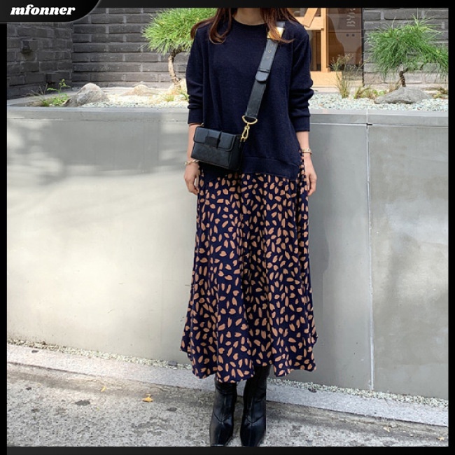 Đầm Thun Dài Tay Cổ Tròn Dáng Chữ A In Họa Tiết Thời Trang Cho Nữ