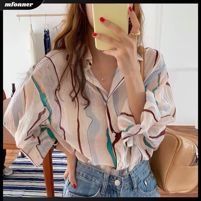 Áo Sơ Mi Tay Dài Dáng Rộng Họa Tiết Kẻ Sọc Màu Sắc Tương Phản Thời Trang Mùa Hè Cho Nữ