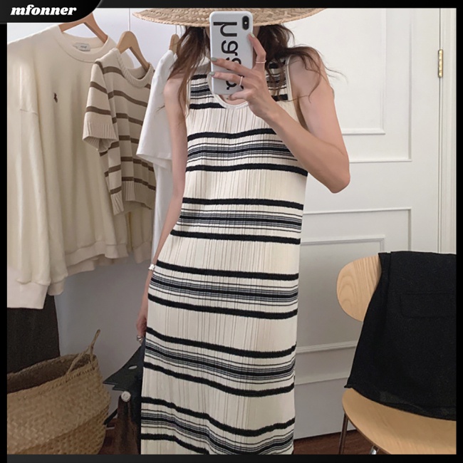 Đầm Chữ A Hai Dây Cổ Tròn Lưng Cao Họa Tiết Kẻ Sọc Màu Sắc Tương Phản Thời Trang Mùa Hè Quyến Rũ Cho Nữ