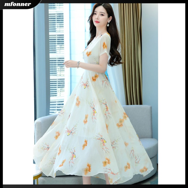 Đầm Midi Ngắn Tay Cổ Tròn Eo Cao in Hoa Thời Trang Dành Cho Nữ