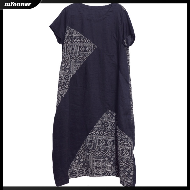 Đầm Cotton Lanh Cổ Tròn Tay Ngắn In Họa Tiết Thời Trang Cho Nữ