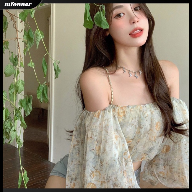 Áo Voan Hoa Trễ Vai Tay Phồng Xinh Xắn Dành Cho Nữ