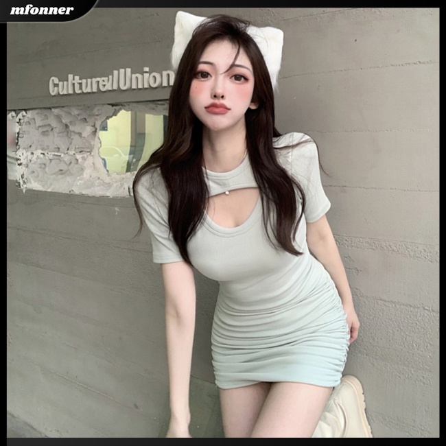 Đầm Tay Ngắn Cổ Tròn Dáng Ôm Thiết Kế Khoét Rỗng Thời Trang Quyến Rũ Cho Nữ