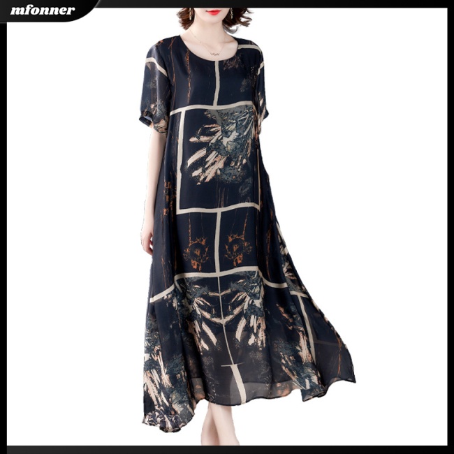 Đầm Dáng Chữ A Tay Ngắn Cổ Tròn In Họa Tiết Kiểu Retro Xinh Xắn Cho Bạn Gái