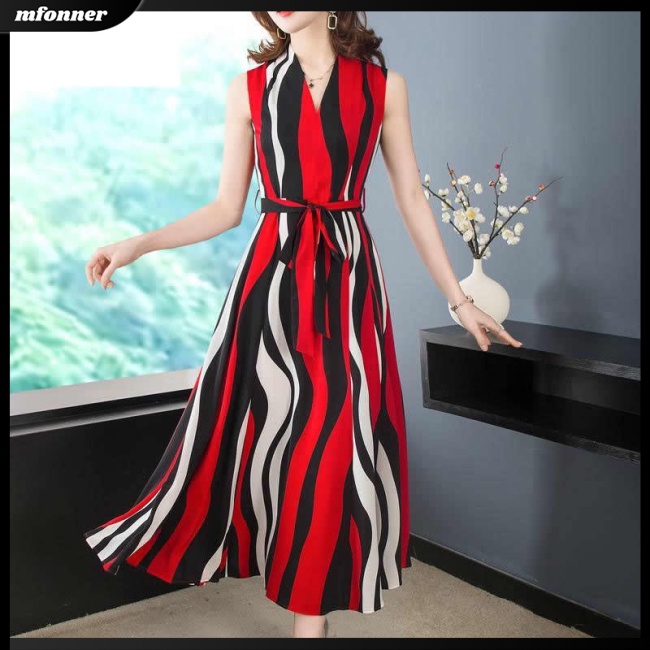 Đầm Midi Không Tay Cổ Chữ V Họa Tiết Kẻ Sọc Thời Trang Cho Nữ