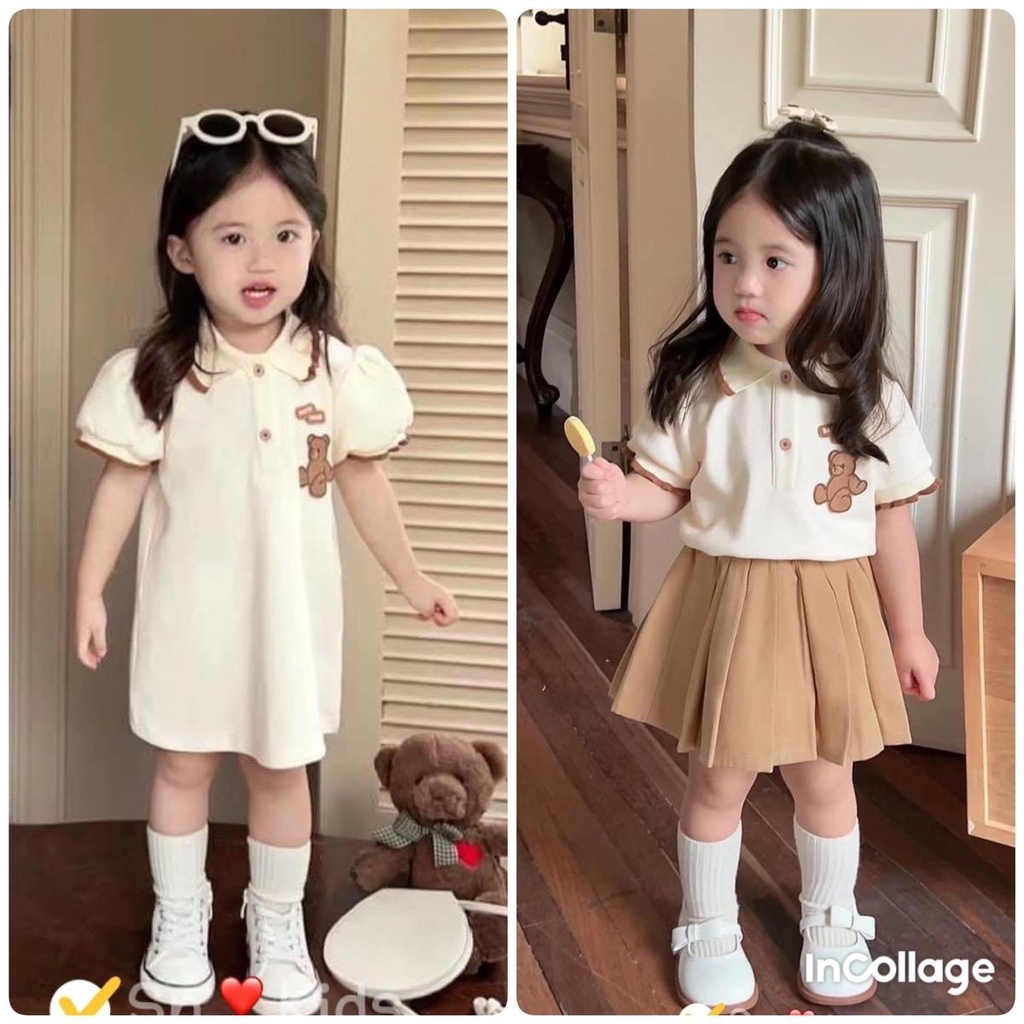 Set áo và váy polo chất cá sấu hoạ tiết gấu ả thật