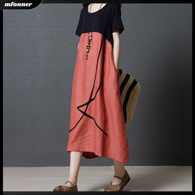 Đầm Cổ Tròn Size Lớn Phối Màu Thời Trang Mùa Hè Cho Nữ