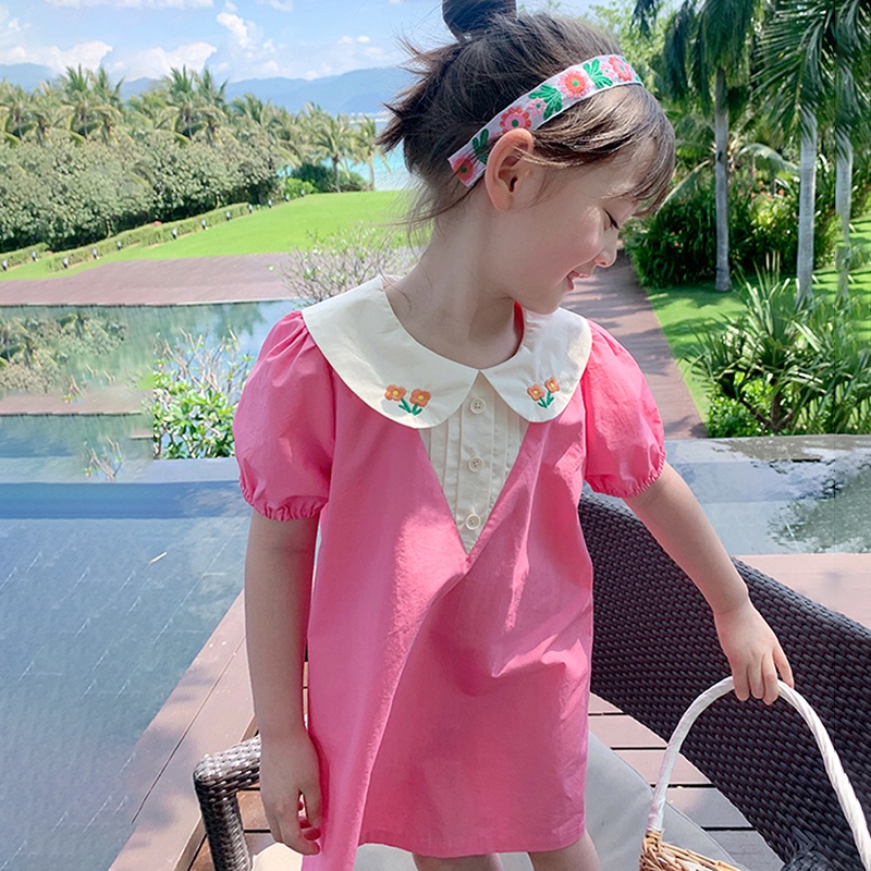 Đầm Công Chúa Mùa Hè Tay Ngắn Phồng Cổ Búp Bê Thêu Hoa Phong Cách Hàn Quốc Cho Bé Gái