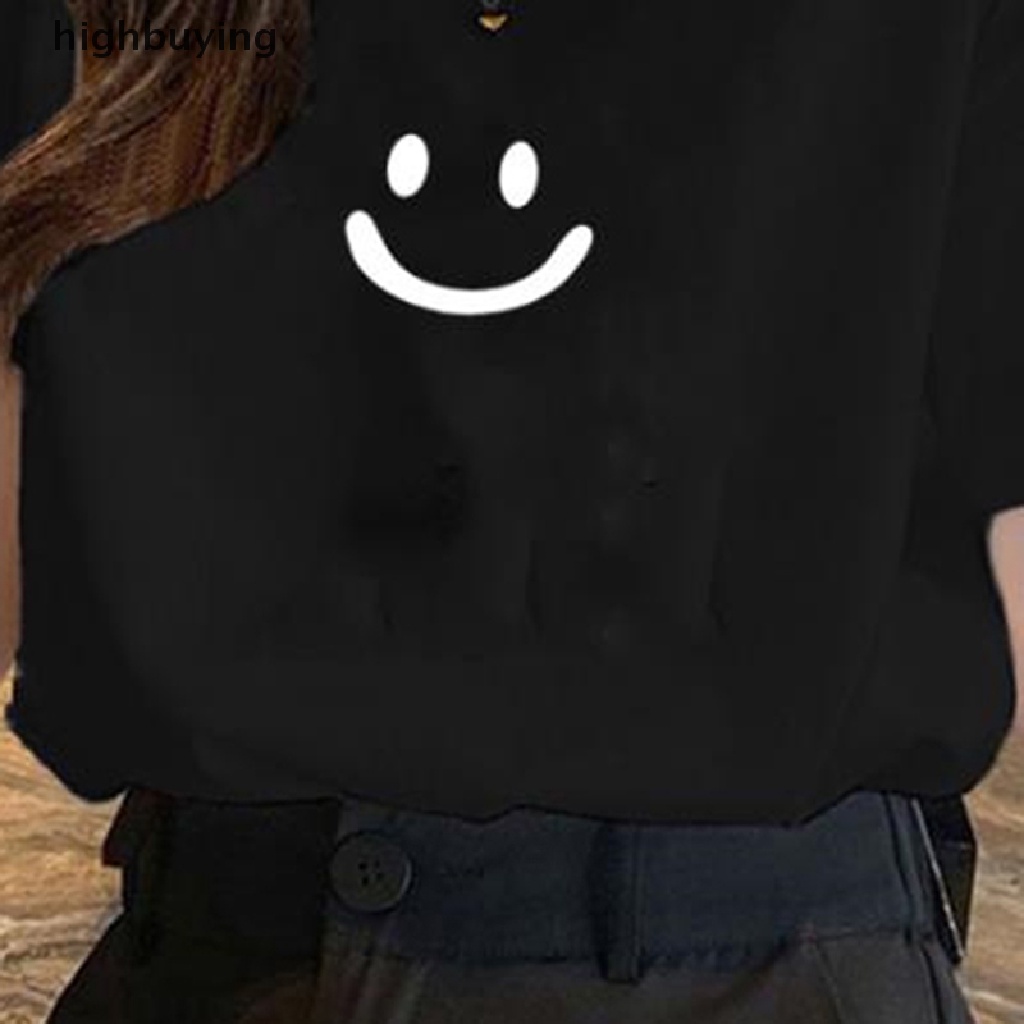Áo Thun Tay Ngắn Cổ Tròn In Hình Mặt Cười Xinh Xắn Cho Nữ