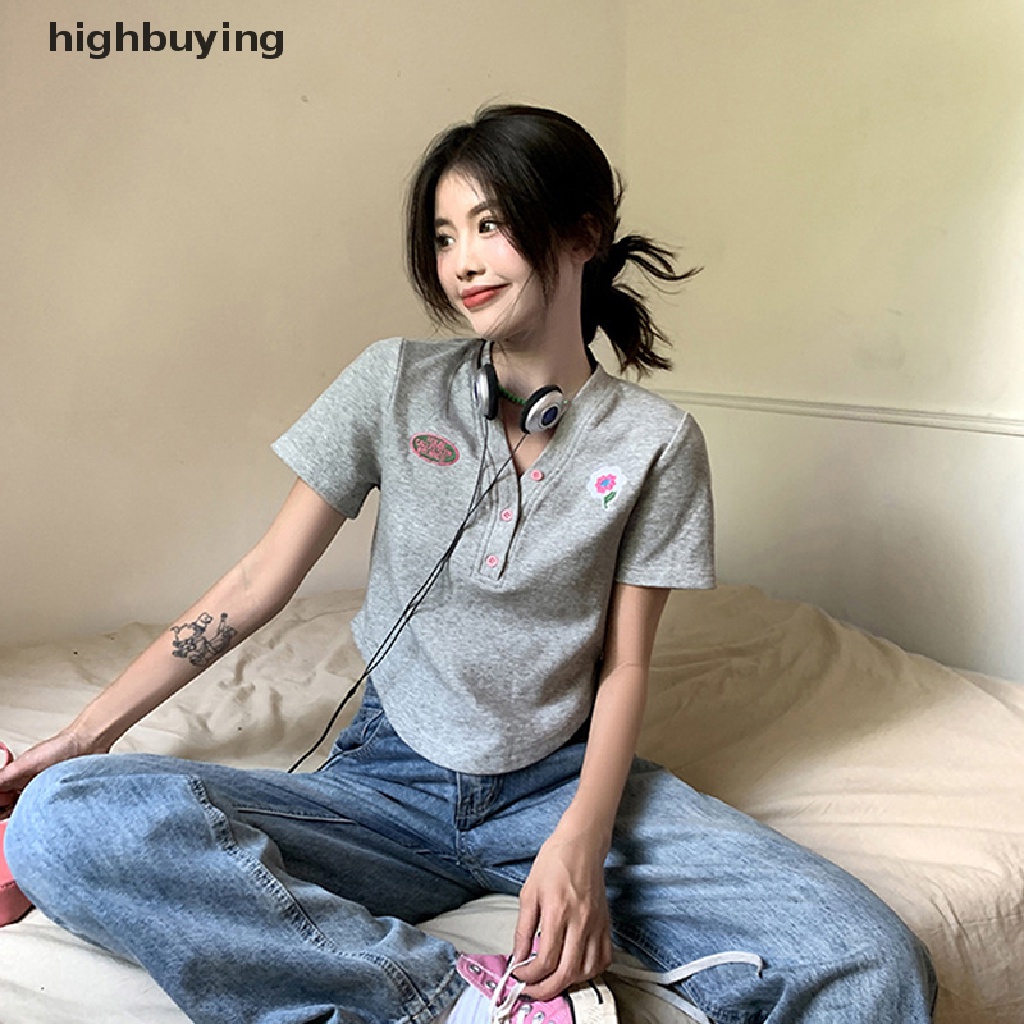 Áo Thun Lửng Ngắn Tay Cổ V Thêu Họa Tiết Thời Trang Cho Nữ