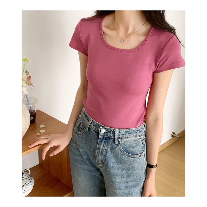 SUXI Áo Thun Croptop Tay Ngắn Cổ Vuông Màu Sắc Đơn Giản Thời Trang Mùa Hè Cho Nữ