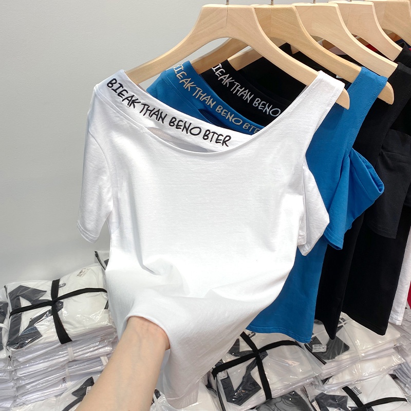 3614#Áo Thun Cotton Ngắn Tay Hở Vai Dáng Ôm Thêu Họa Tiết Thời Trang Mùa Hè 2023 Mới