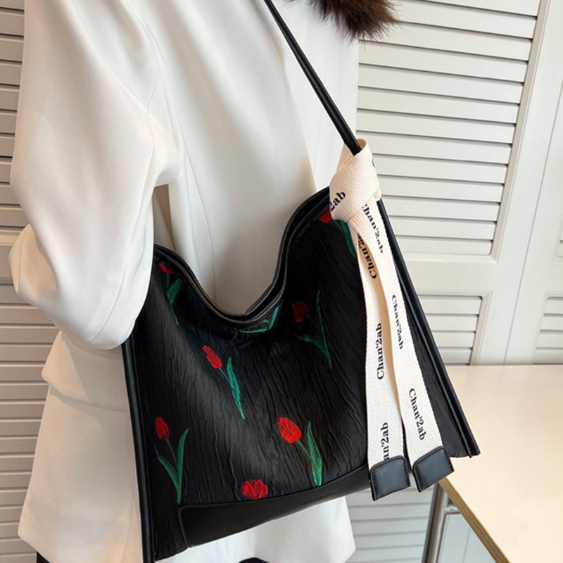 Túi tote Đeo Vai Sức Chứa Lớn Thêu Họa Tiết Hoa tulip Dễ Phối Đồ Thời Trang Cho Nữ