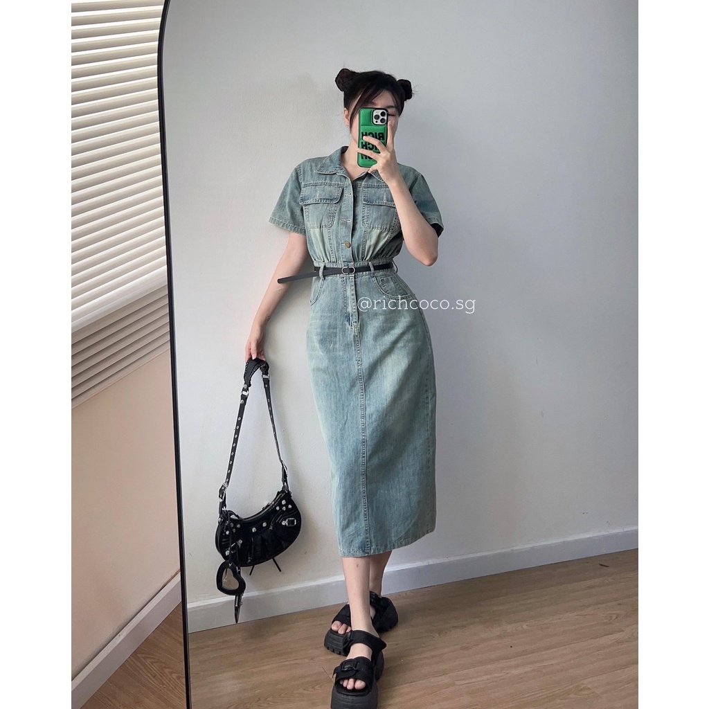 Bộ váy jean XANH NHẠT liền (FREESIZE)