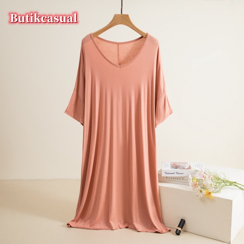 Đầm Cotton Modal Dáng Chữ A Cổ Tròn Tay Cánh Dơi Màu Trơn Thoải Mái Thời Trang Mùa Hè Cho Nữ